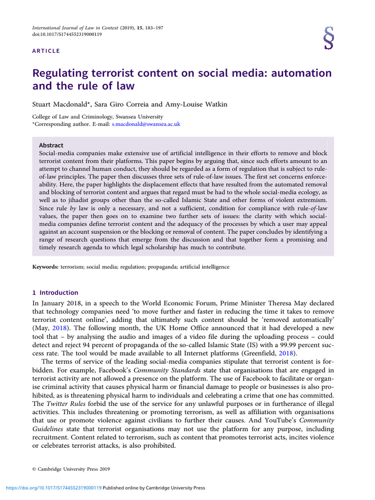 Regulating Terrorist Content on Social Media | PDF | You Tube | Facebook