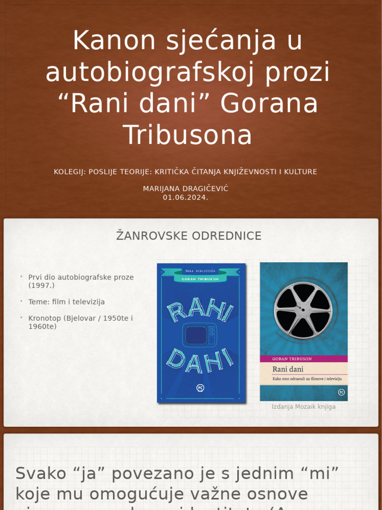 Kanon Sjećanja U Autobiografskoj Prozi 