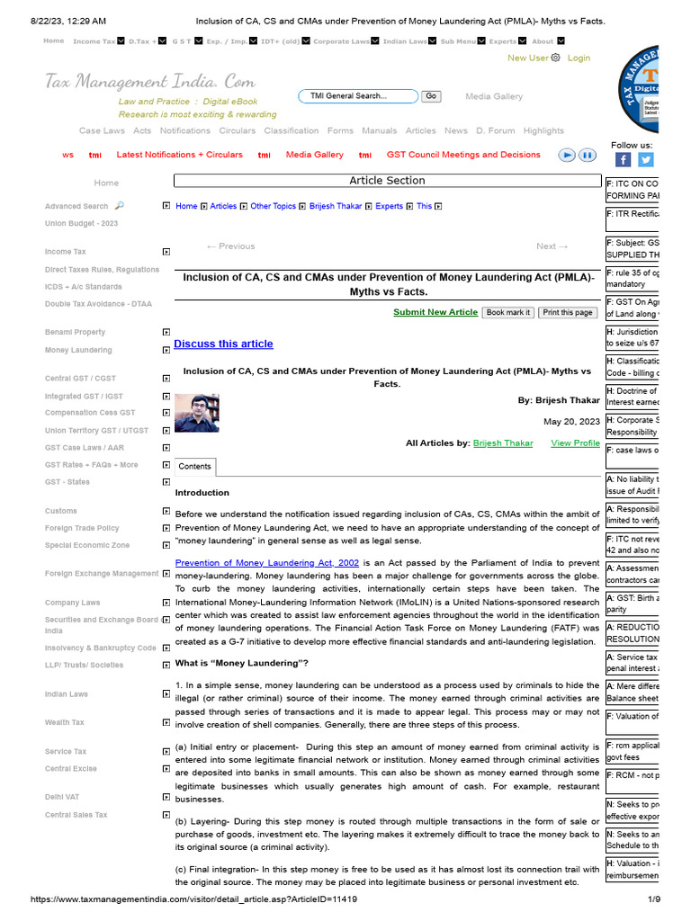 PMLA Inclusion: CAs, CSs, and CMAs Explained | PDF | Money Laundering ...