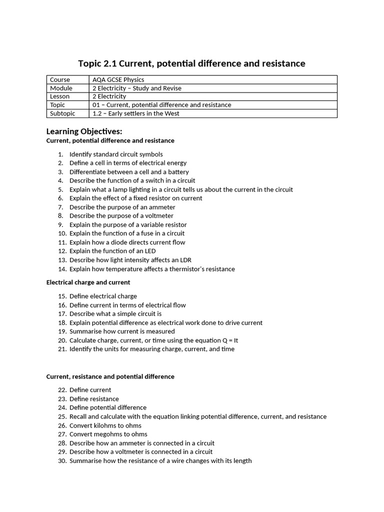 Topic 2.1 - Current, Potential Difference and Resistance - Final | PDF ...
