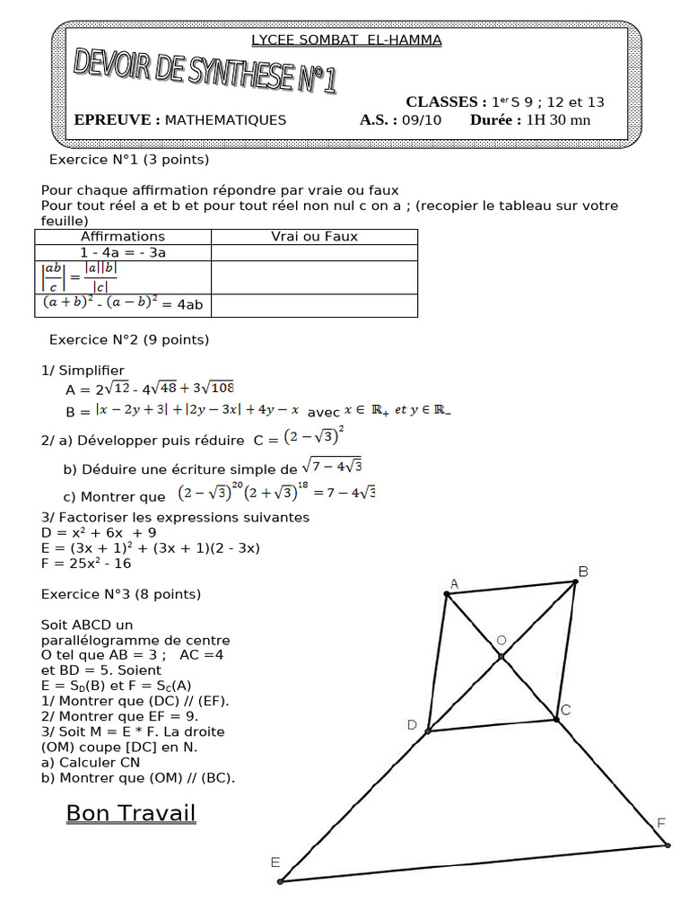 Exercices de mathématiques pour 1er S | PDF