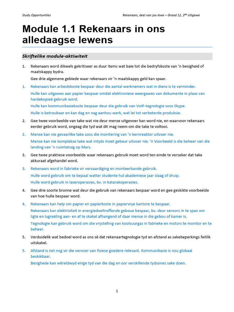 1 - 1 Rekenaars Alledaagse Lewens ANTWOORDE | PDF