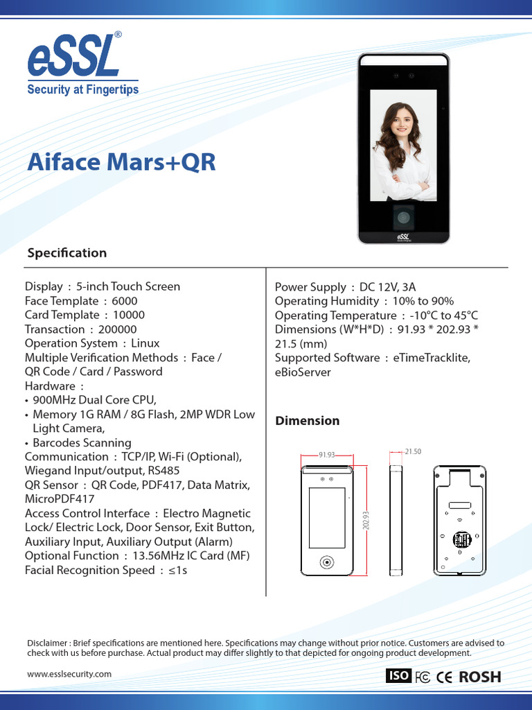 Aiface Mars+QR Specifications Overview | PDF