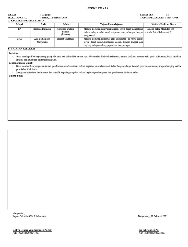 Jurnal Pembelajaran Kelas 3 Semester 2 | PDF