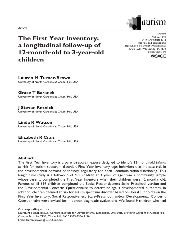 First Year Inventory for Autism Risk Assessment | PDF | Autism ...