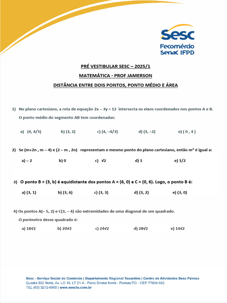 Lista - Distância Entre Dois Pontos, Ponto Médio e Área | PDF ...