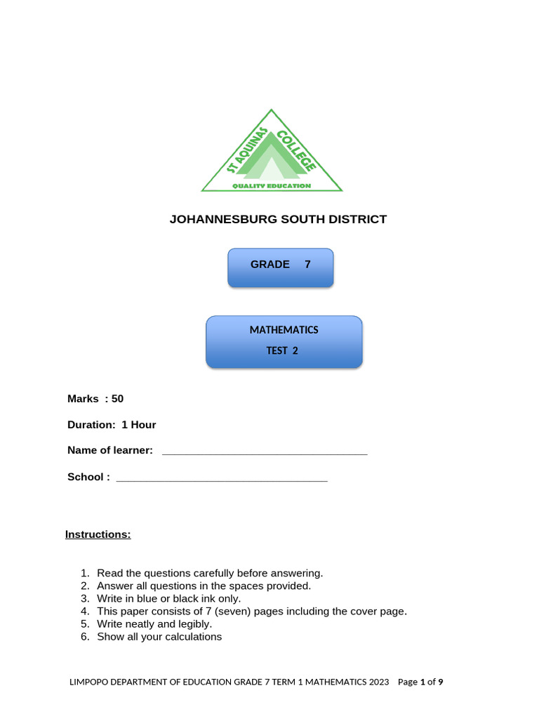 Grade 7 Mathematics Exam Paper 2025 | PDF | Mathematics