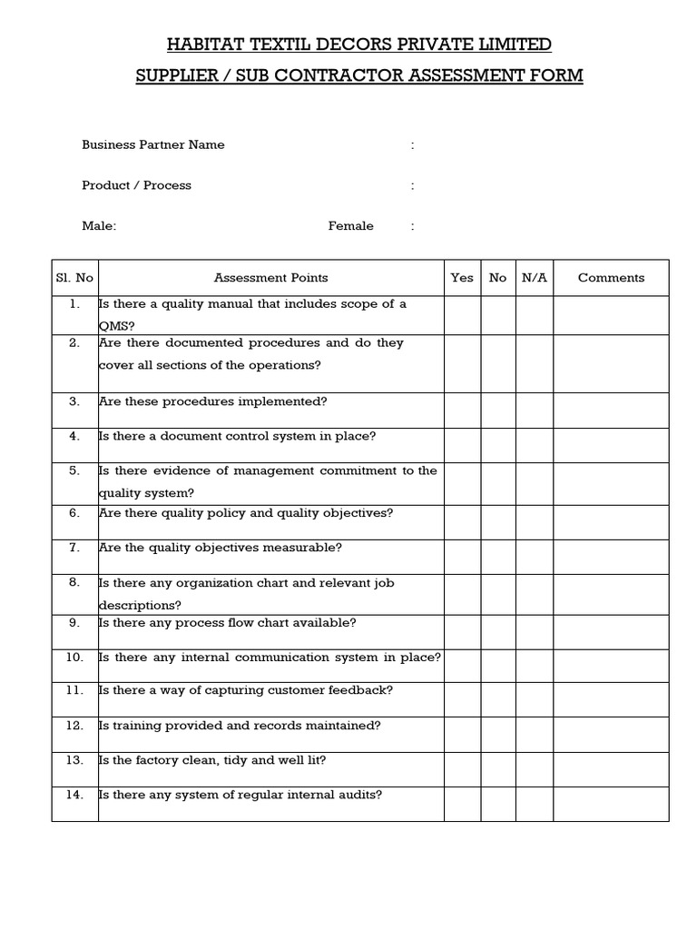 Supplier Assessment Form for Quality Control | PDF