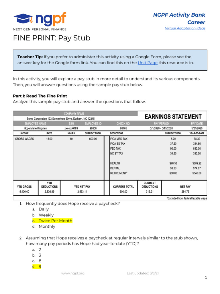 FINE PRINT Pay Stub PDF Paycheck Taxation
