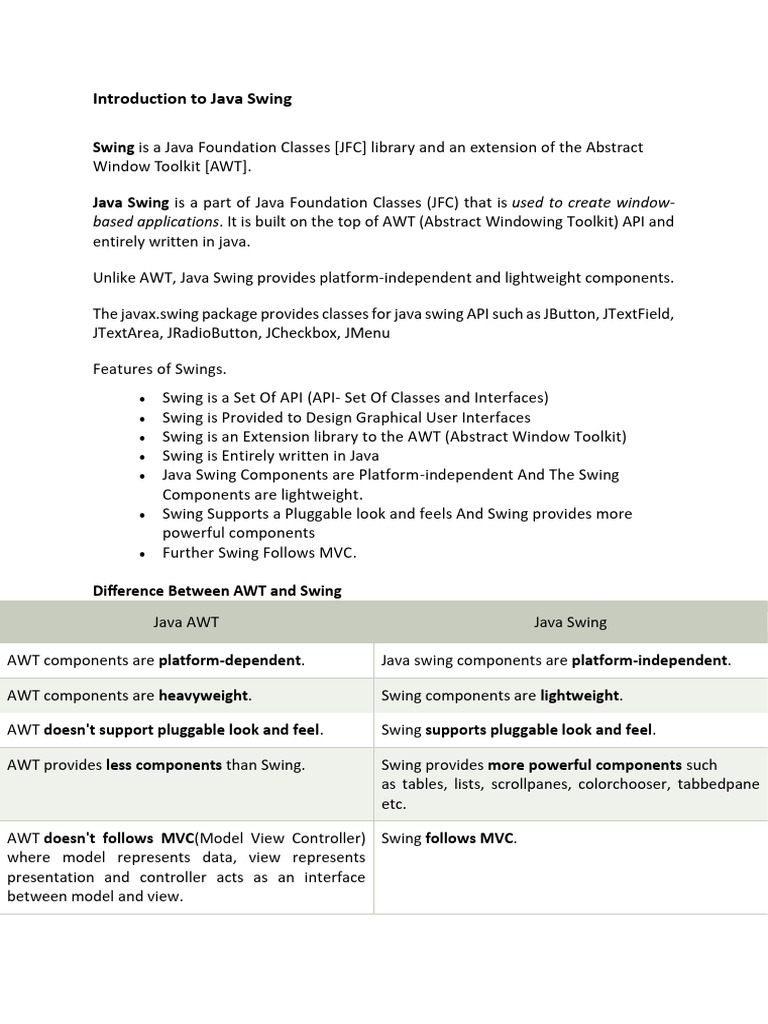 AWT vs Swing: Key Differences in Java | PDF | Model–View–Controller ...