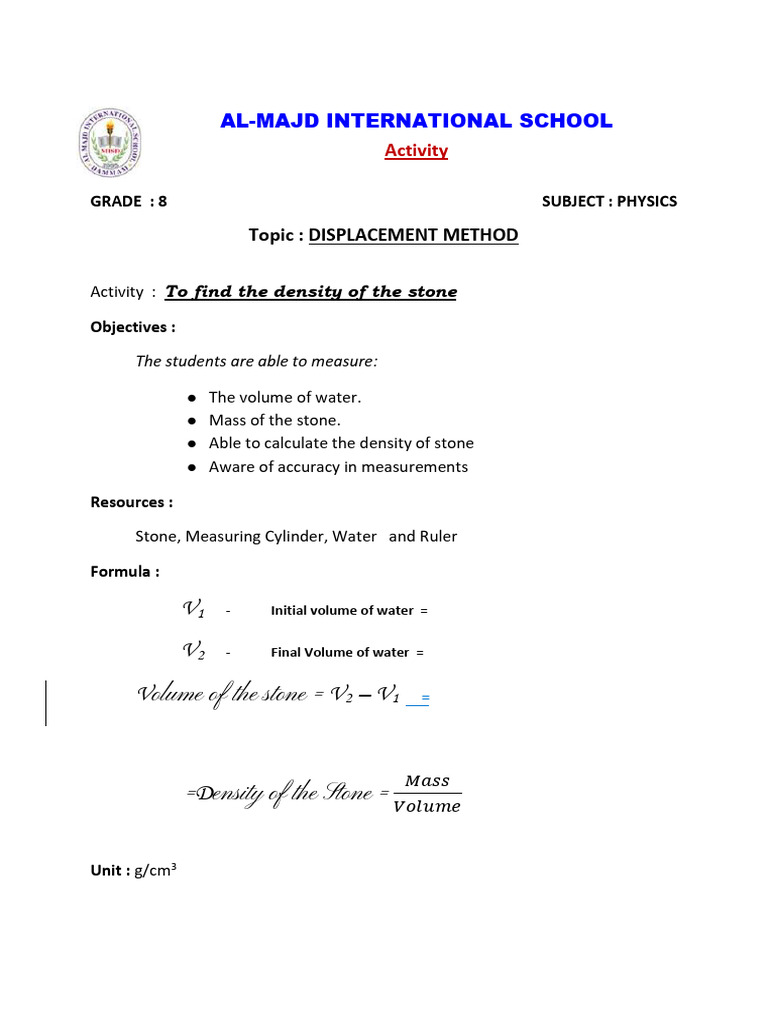 Water Displacement Density Activity | PDF