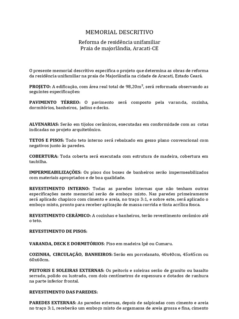 Memorial Descritivo de Reforma Residencial | PDF | Engenharia Civil ...