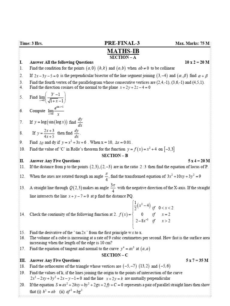 TG JR MPC Maths-Ib Pre Final-3 Ipe Question Paper 25-02-2025 | PDF ...