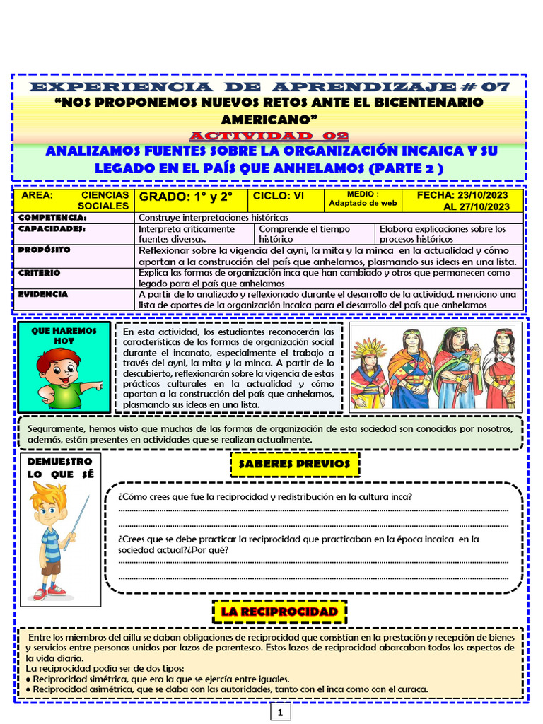 CCSS 1° y 2° Experiencia 7 Sesion 2 | PDF | Imperio Inca | Educación en ...