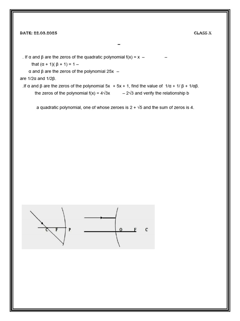 Class X Worksheets: Polynomials & Light | PDF