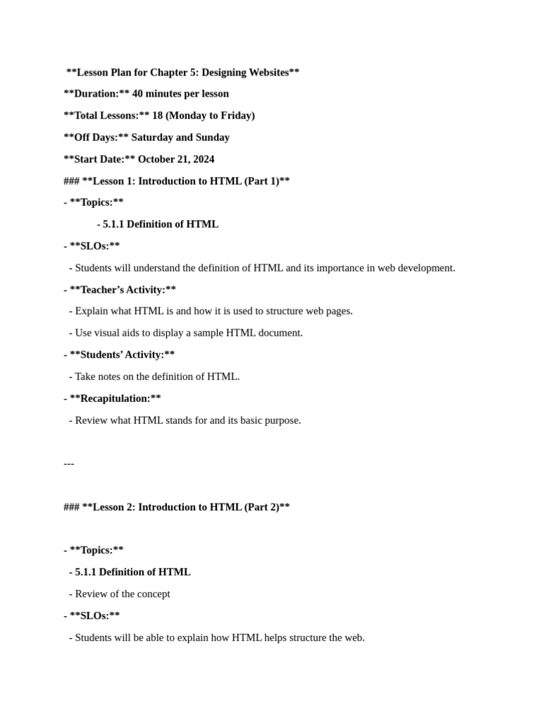 Website Design Lesson Plan Overview | PDF | Html | Hyperlink