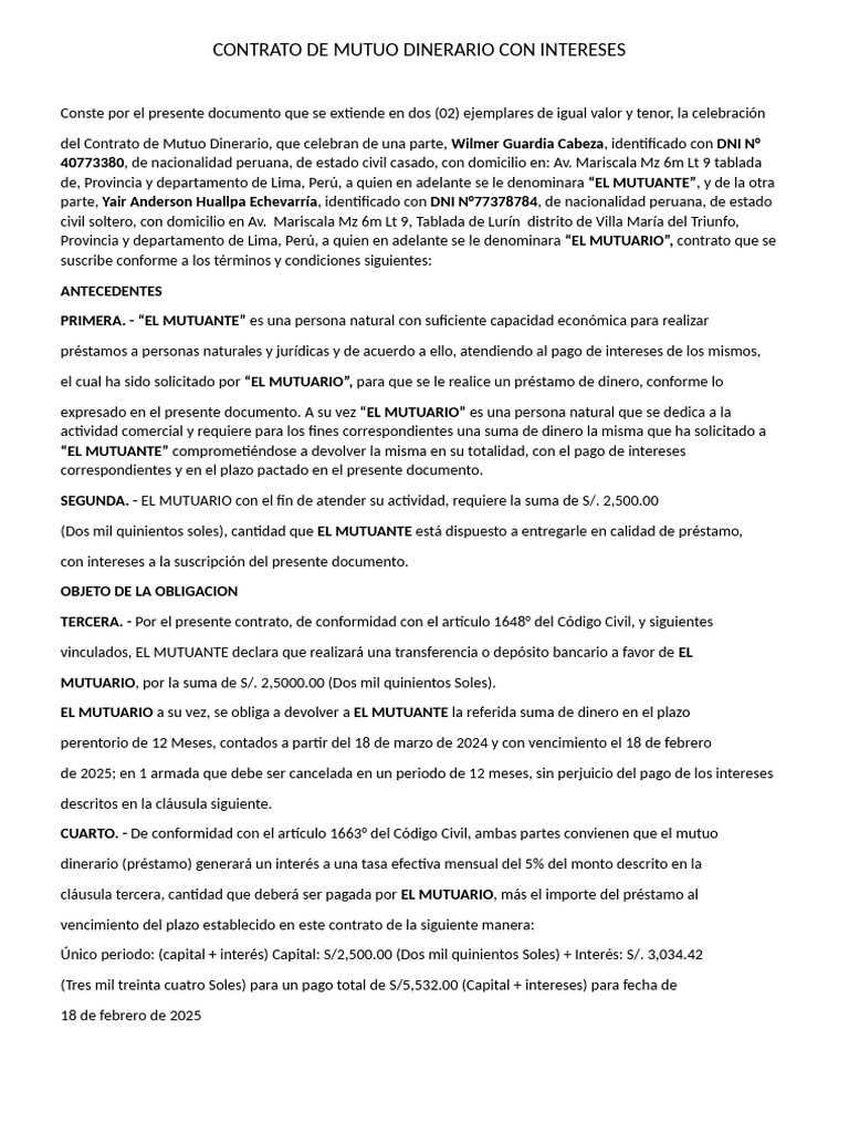 Contrato de Préstamo Dinerario Perú | PDF