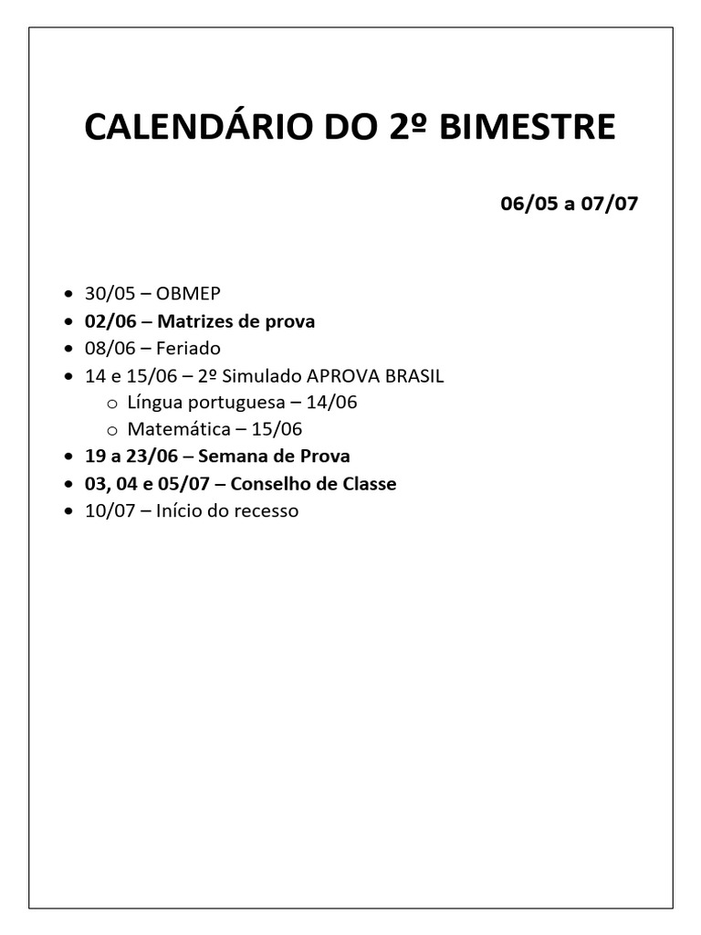 Calendário 2º Bimestre 2023 | PDF
