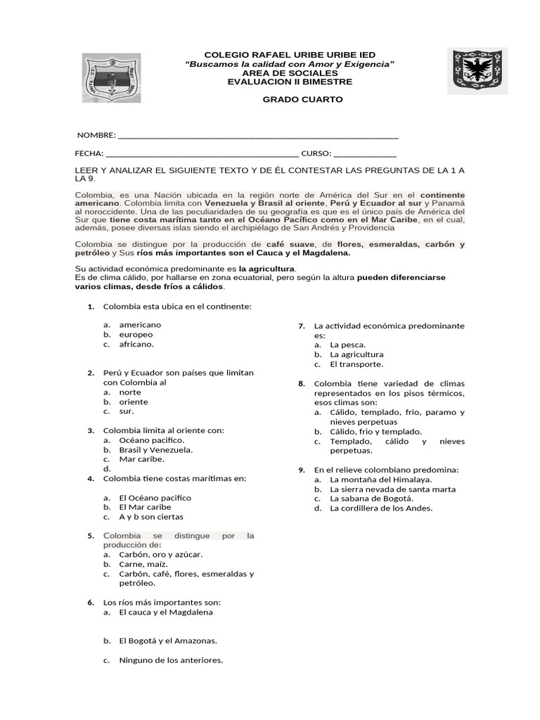 Evaluación de Sociales: Colombia para Cuarto | PDF | Colombia | Américas