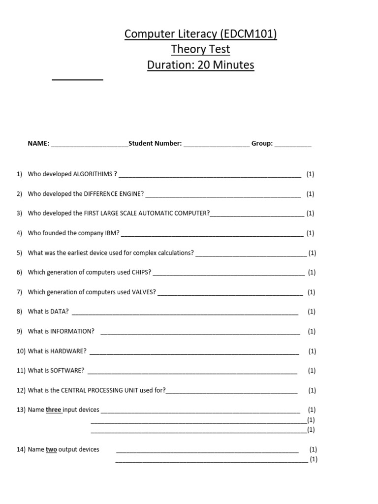 Computer Literacy Theory Test Pdf Input Output Booting