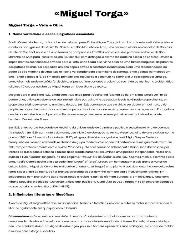 Vida e Obra de Miguel Torga | PDF | Educação em Artes Liberais
