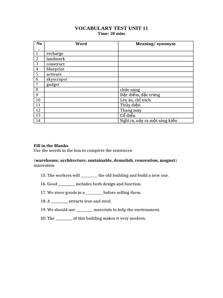 Vocabulary Test Unit 11 Guide Pdf