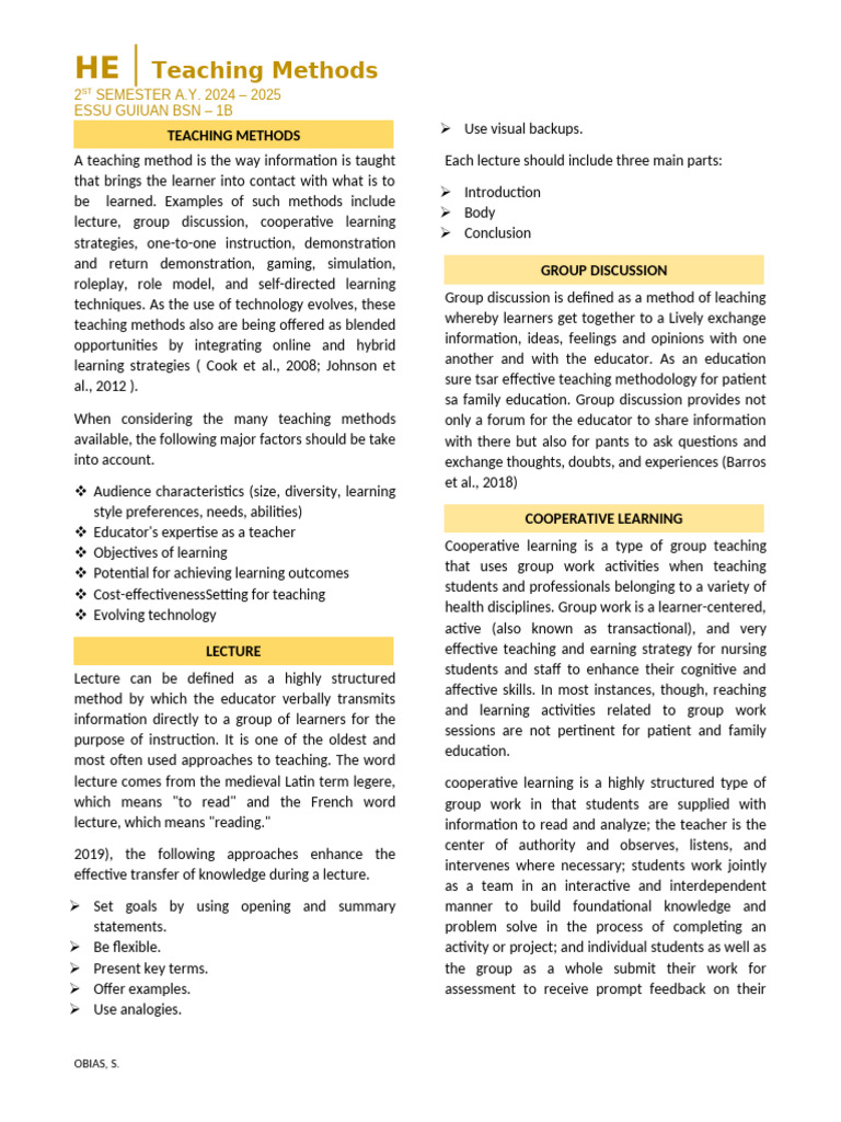 HE-Lesson-6-Teaching-Methods | PDF | Teaching Method | Learning