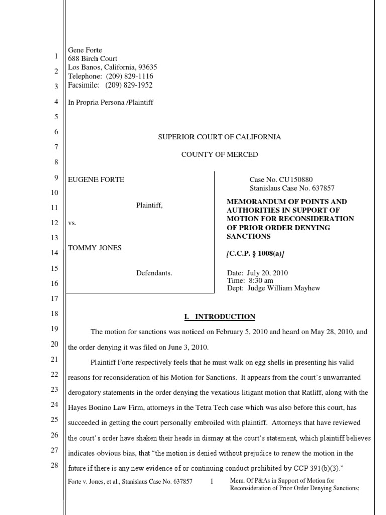 100618 Motion for Reconsideration of Sanctions Ruling Deposition (Law