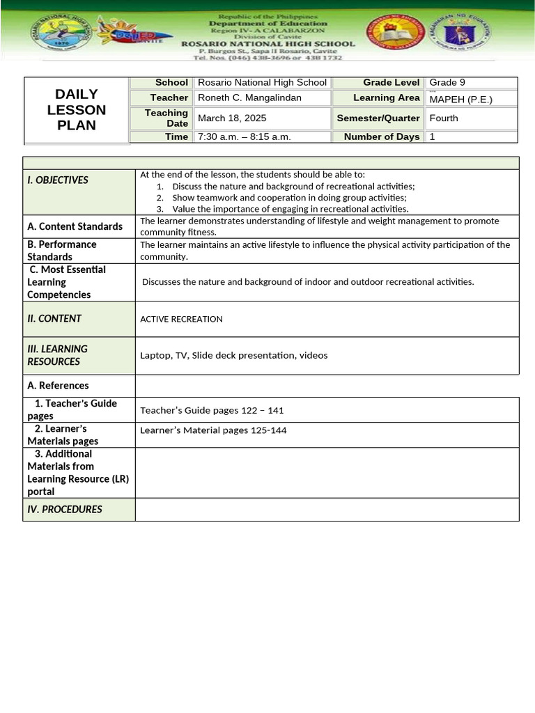 Grade 9 MAPEH Daily Lesson Plan | PDF | Recreation | Learning