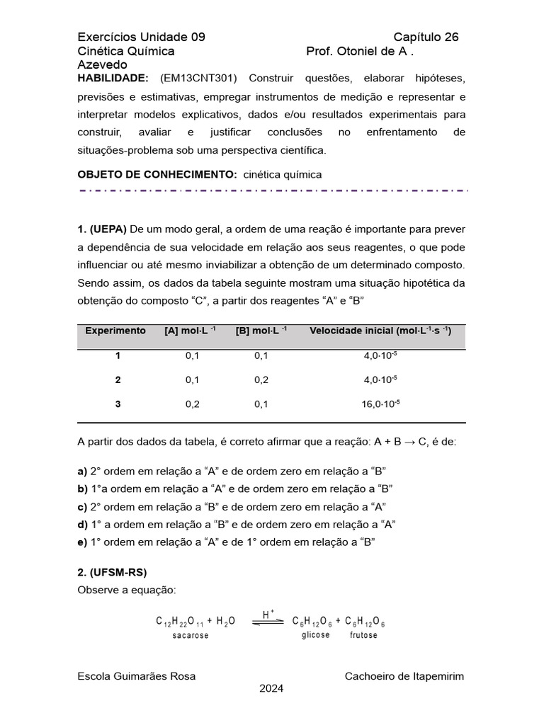ATIVIDADE AULA CINÉTICA QUÍMICA 2 | PDF | Reações químicas | Enzima