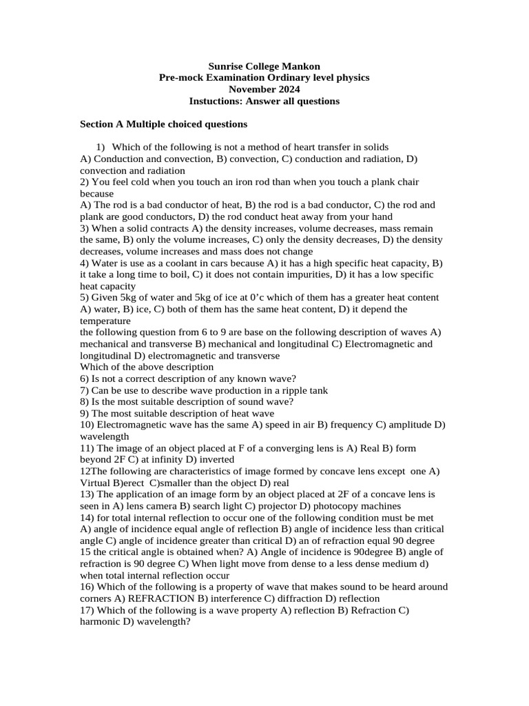 O-Level Physics Pre-Mock Exam 2024 | PDF | Waves | Refraction