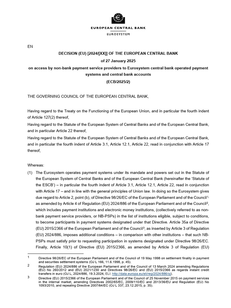ECB Decision on NB-PSP Access to Payments | PDF | European Central Bank ...