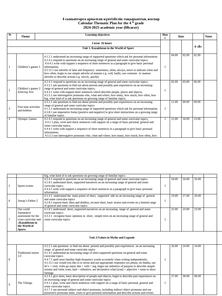 4th Grade Calendar Thematic Plan 2024-2025 | PDF | Adjective | Plural