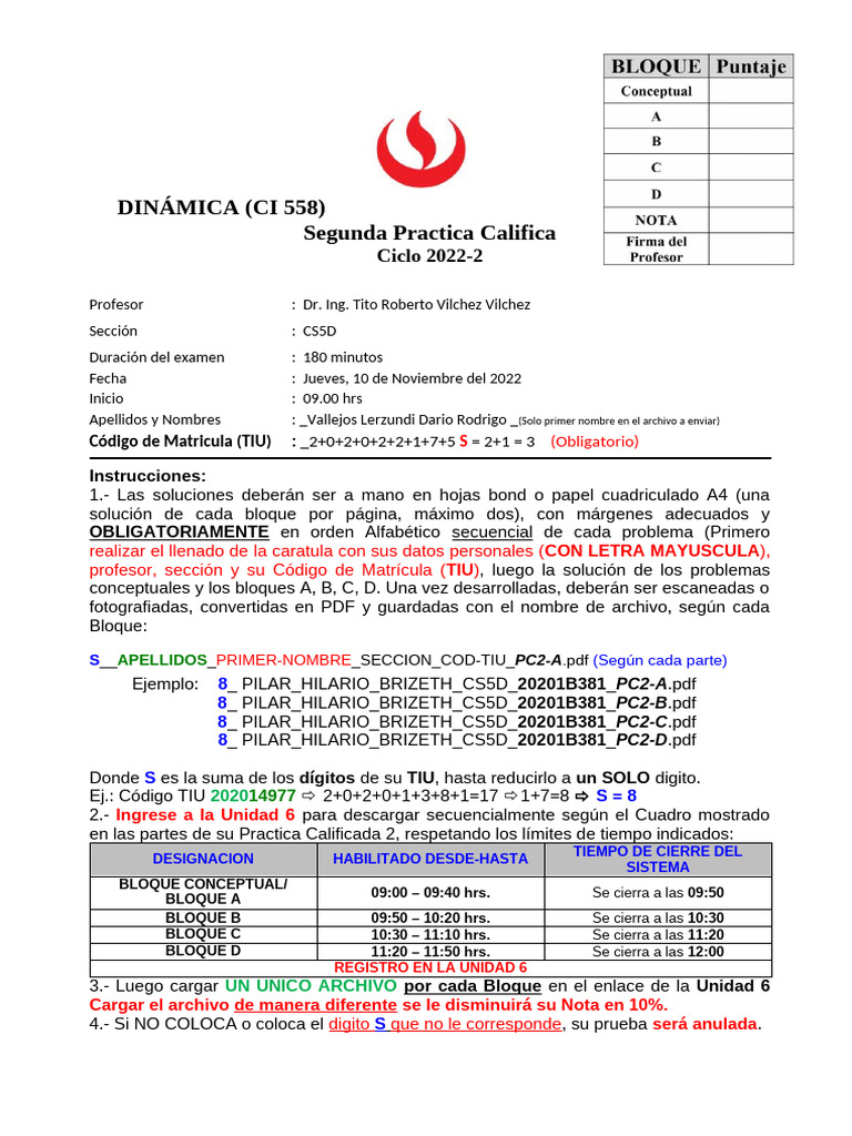 1PARTE - I PC2 Dinamica UPC 2022 2 | PDF | Metrología | Mecánica