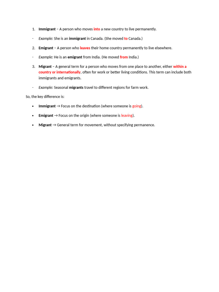 Immigrants, Emigrants, and Migrants Explained | PDF