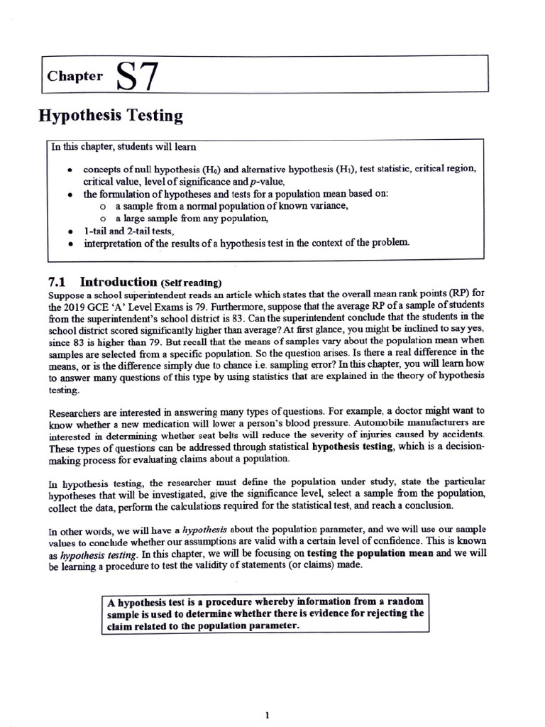 NYJC S7 Hypothesis Testing | PDF