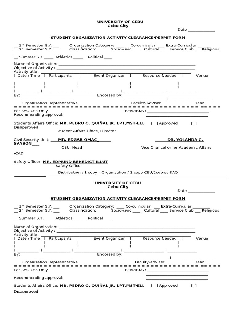 Student Org. Activity Clearance Permit Form | PDF | Academic ...