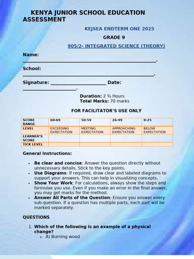 Grade 9 Integrated Science Assessment | PDF | Atoms | Proton
