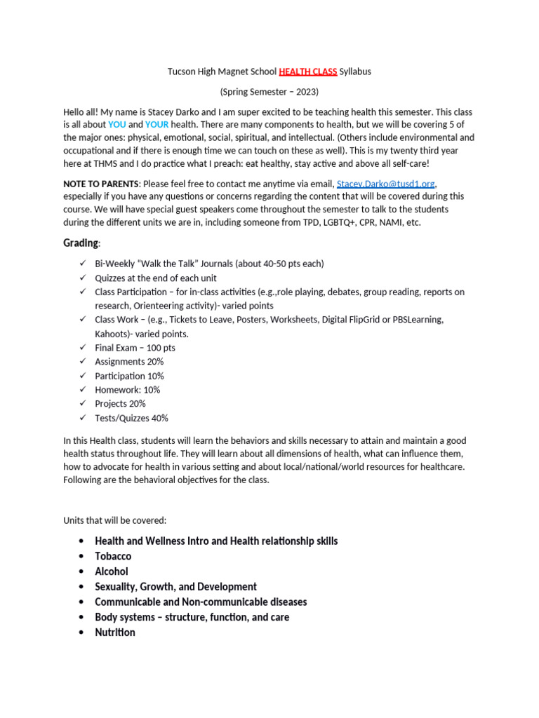 Tucson High Health Class Syllabus 2023 | PDF