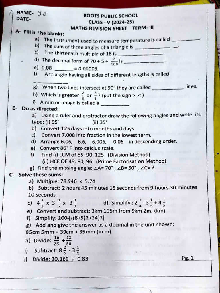Class V Maths Revision Sheet | PDF | Triangle | Elementary Geometry