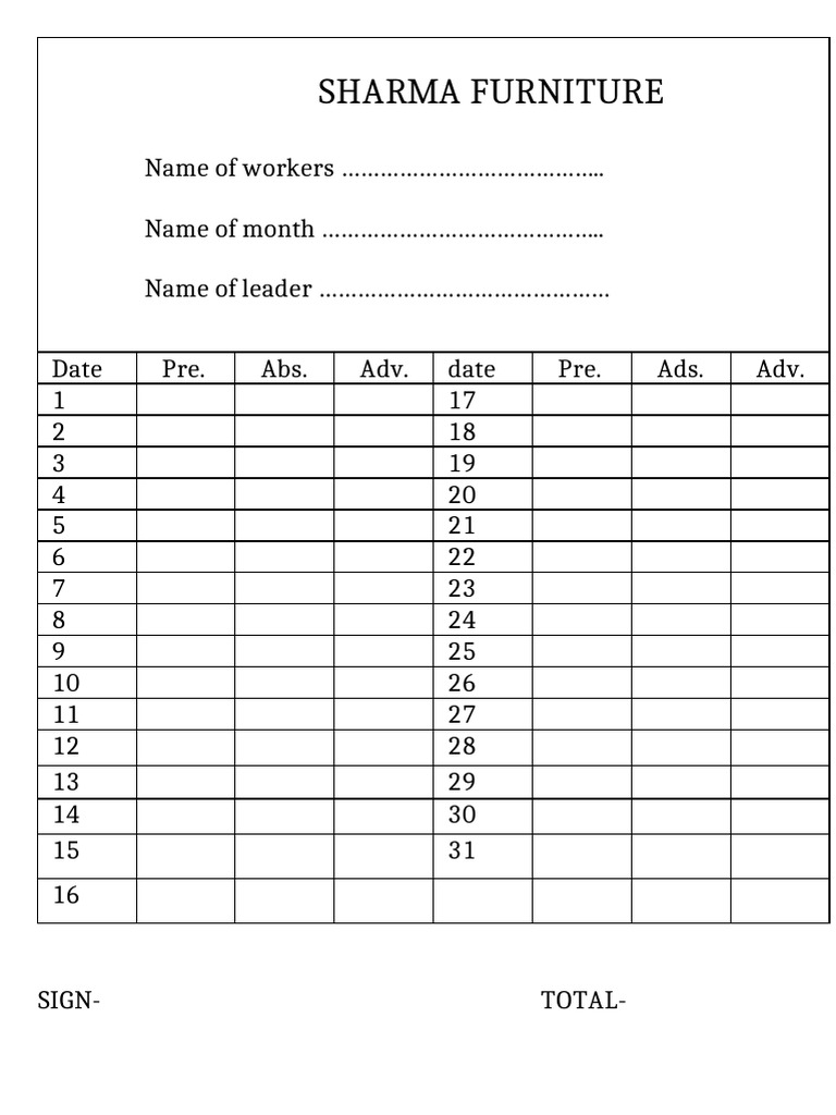 Sharma Furniture Monthly Attendance Log | PDF