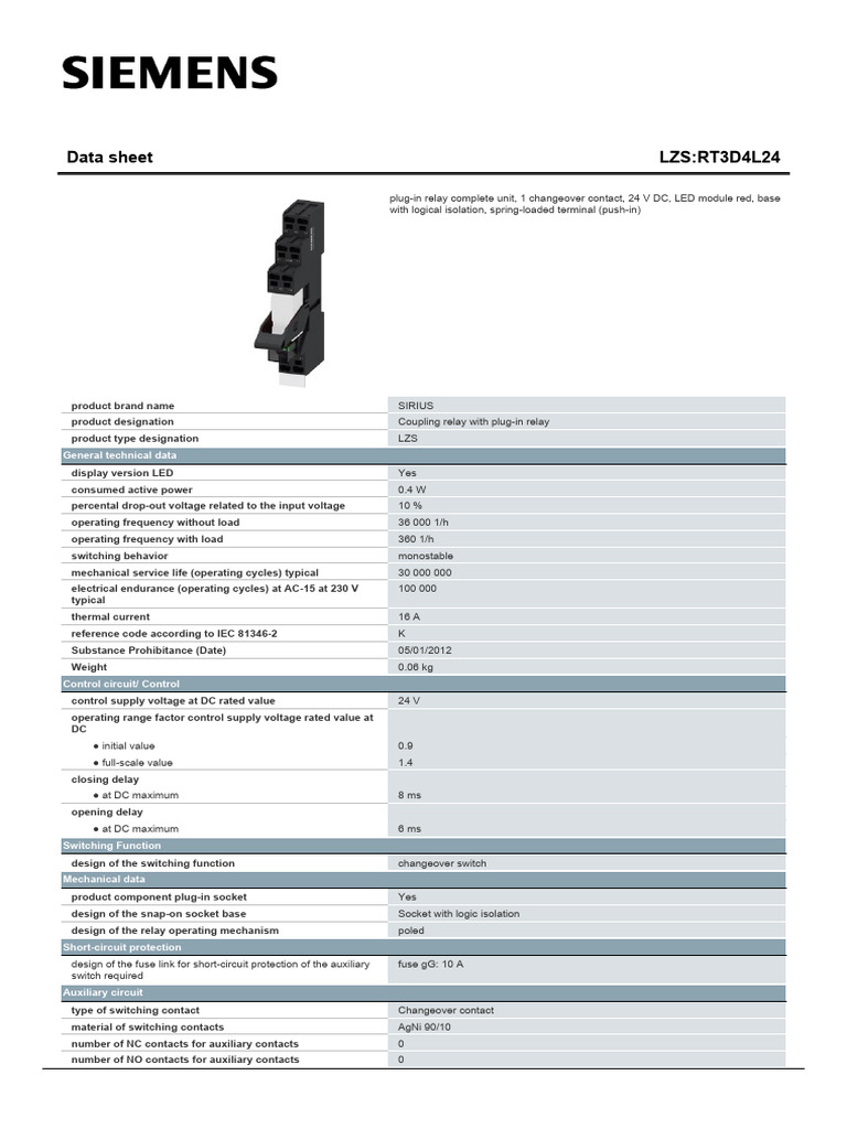 Siemens LZS:RT3D4L24 Relay Data Sheet | PDF | Relay | Fuse (Electrical)
