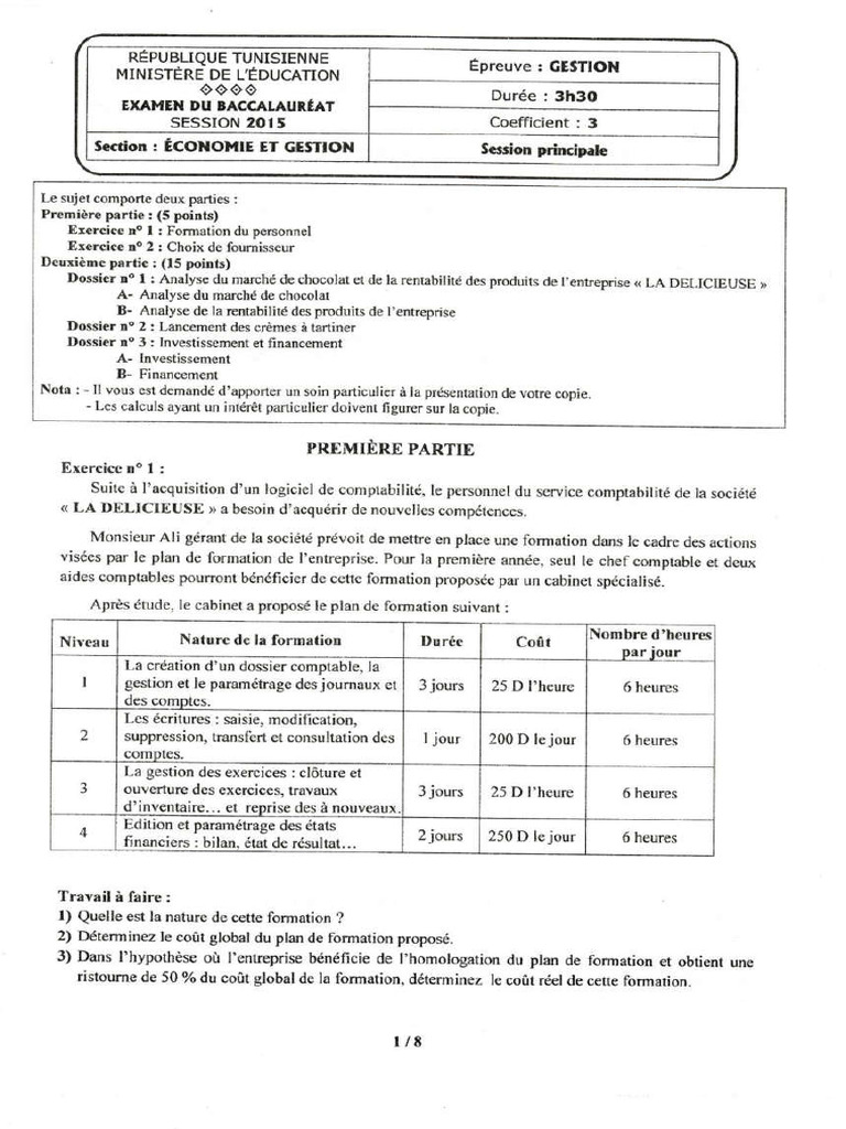 Bac 2015 Bac Eco Epreuve Gestion Session Principale PDF | PDF