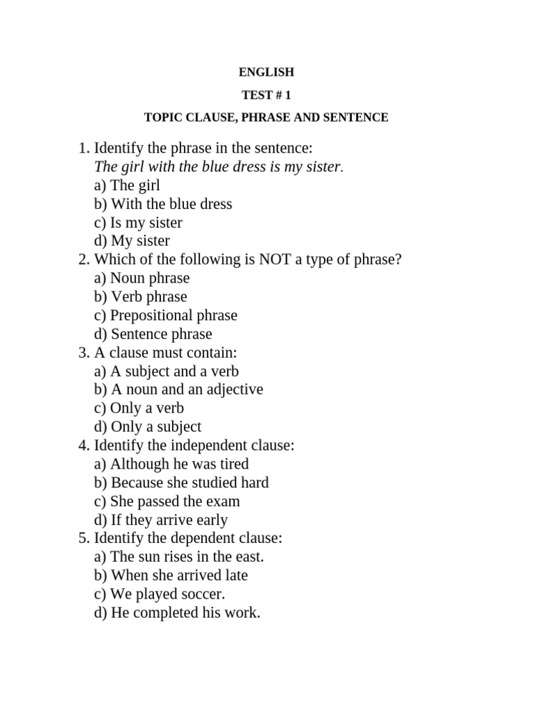 English Test on Clauses and Phrases | PDF | Phrase | Verb