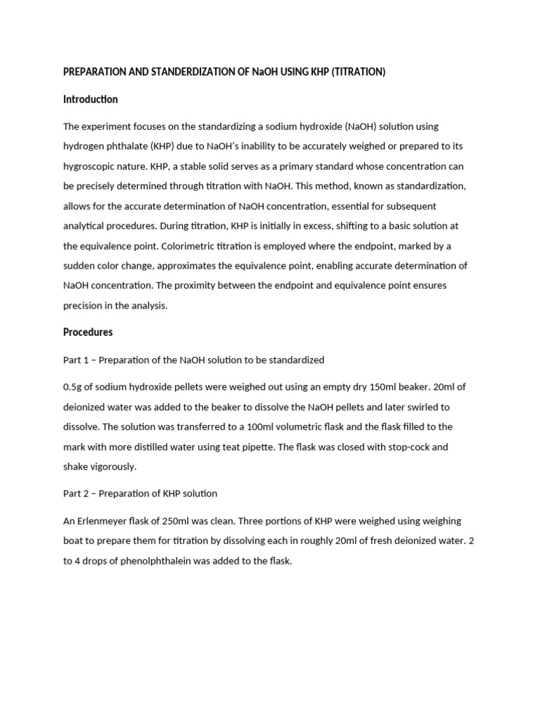 PREPARATION AND STANDERDIZATION OF NaOH USING KHP Lab Report - 084256 ...