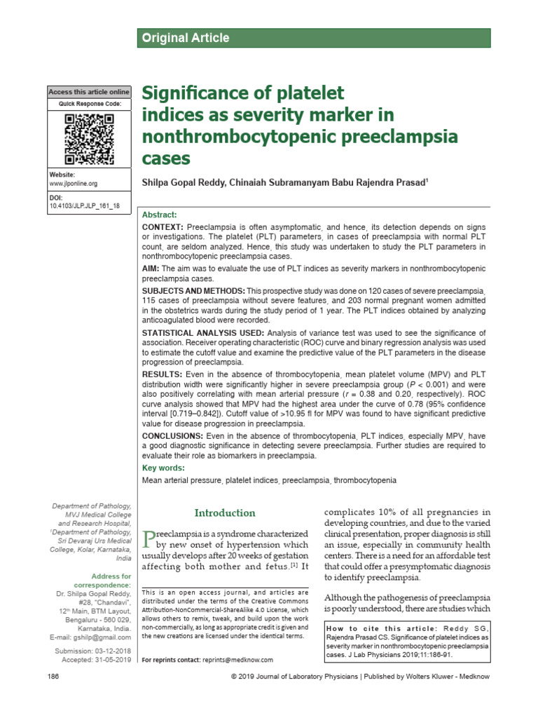 Platelet Indices in Preeclampsia Severity | PDF | Receiver Operating ...