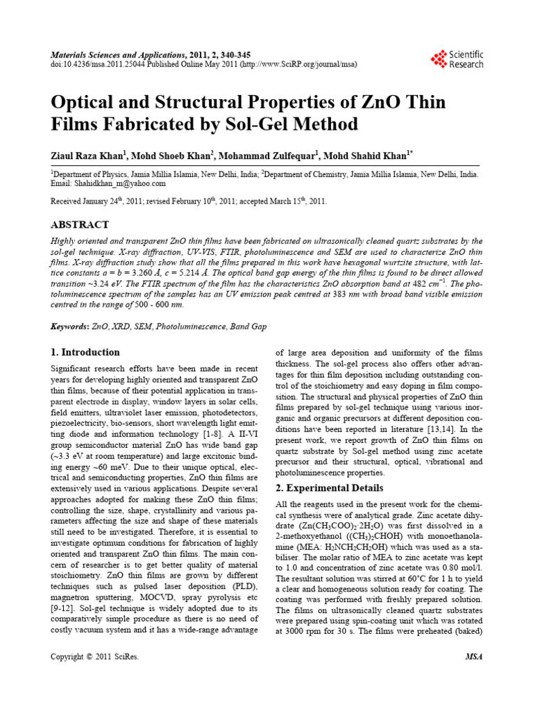 Optical and Structural Properties of ZnO Thin Film | PDF | Zinc Oxide ...