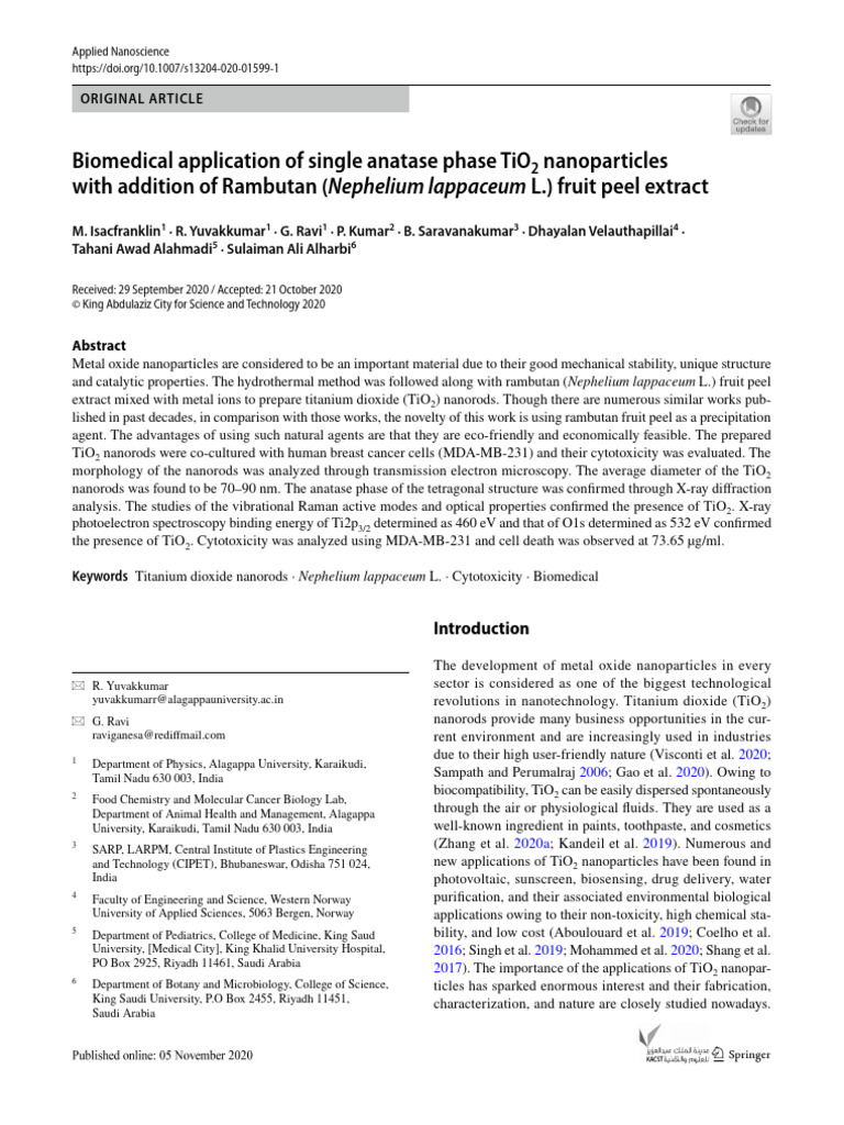 Biomedical Use of TiO2 Nanoparticles | PDF | Titanium Dioxide ...