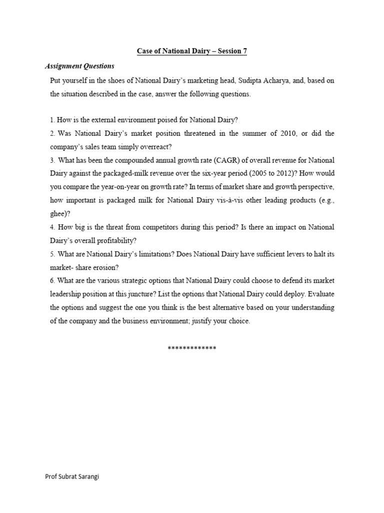 Case of National Dairy - Assignment Questions | PDF