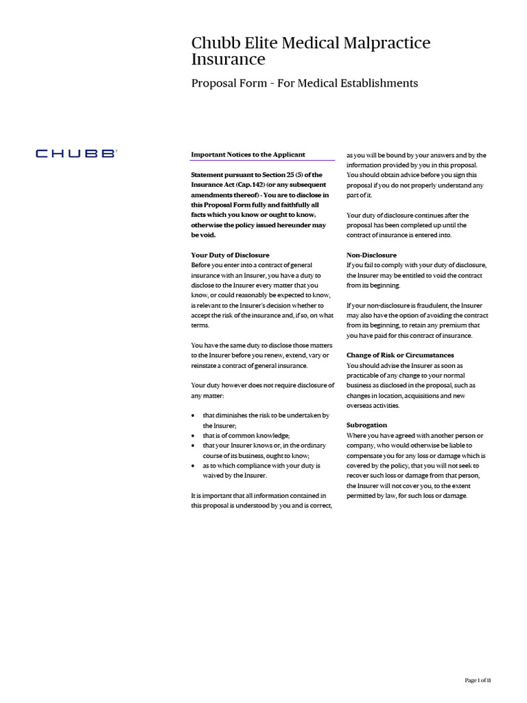 Chubb Medical Malpractice Proposal Form | PDF | Insurance | Hospital